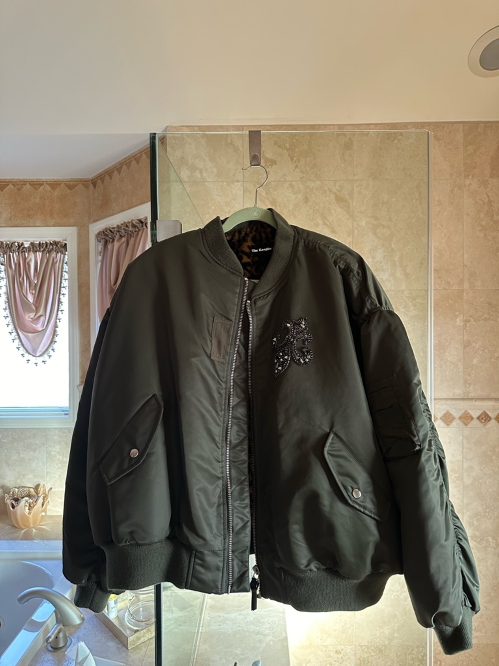 The Kooples Olive Green Bomber Jacket with Leopard Print Fur Lining